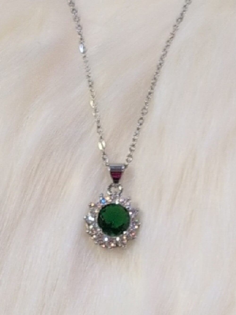 Silver Tone Green Gemstone Halo Pendant Necklace